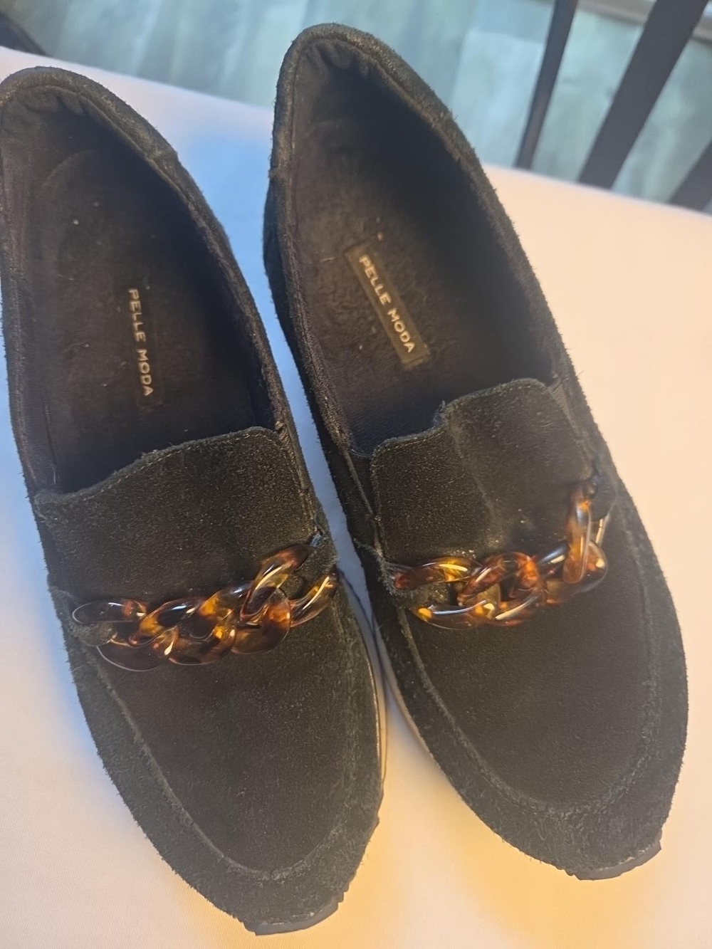 Pelle Moda Black Suede Loafers with Tortoiseshell Chain